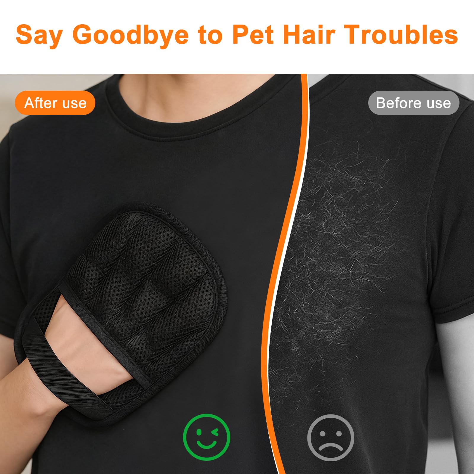 Glove in use on sofa and clothes illustrates versatility for pet hair removal.