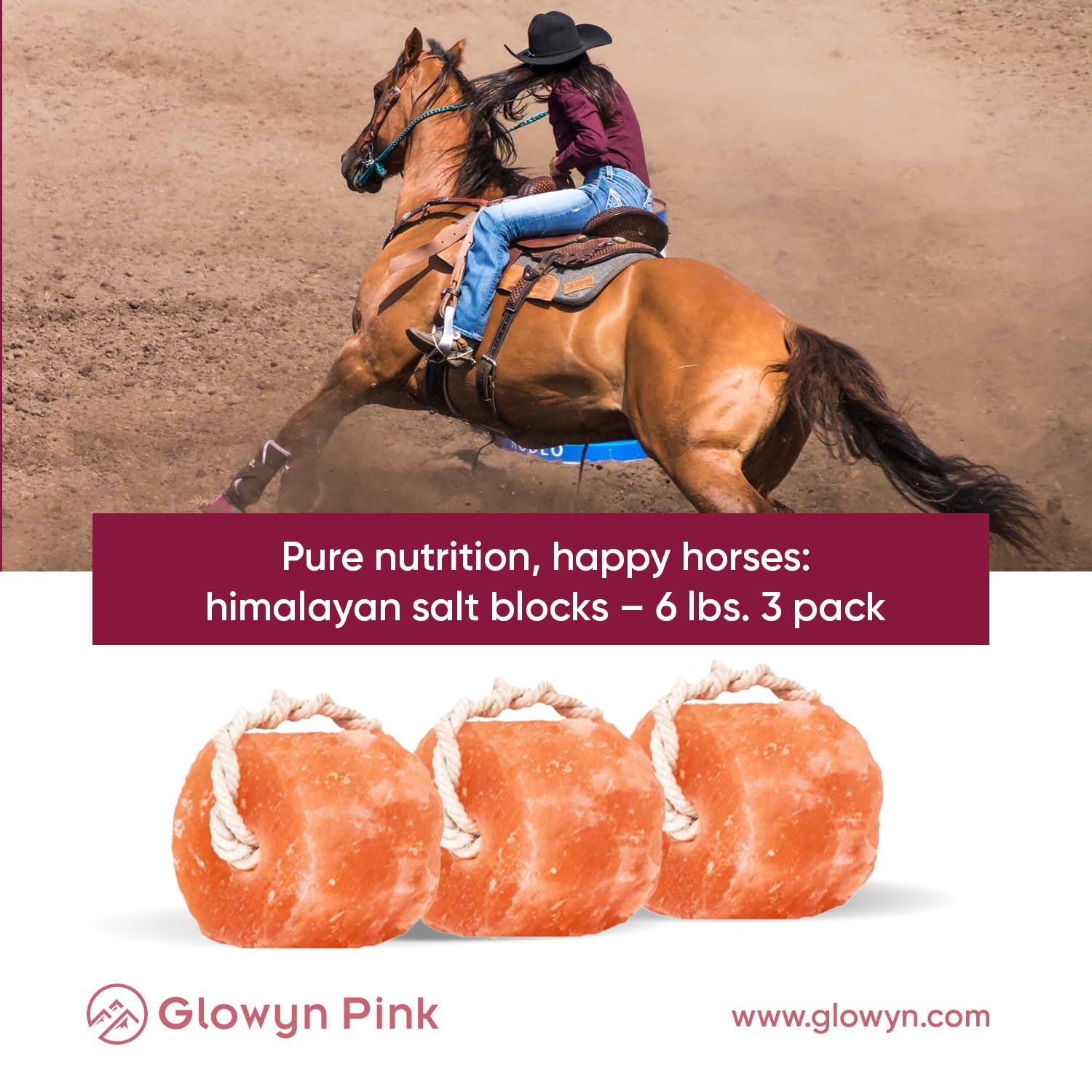 Glowyn Pink salt block hanging in pasture for easy access