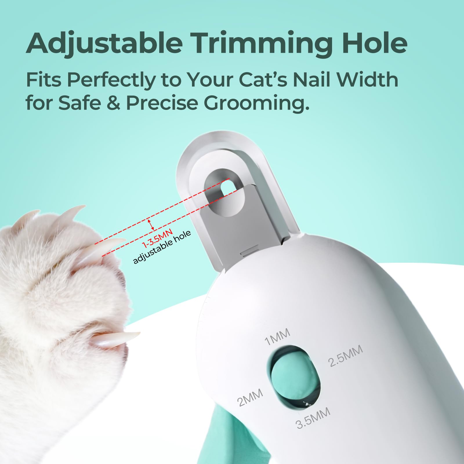 Glozaic adjustable-jaw cat nail clippers showing four-size settings for precise width