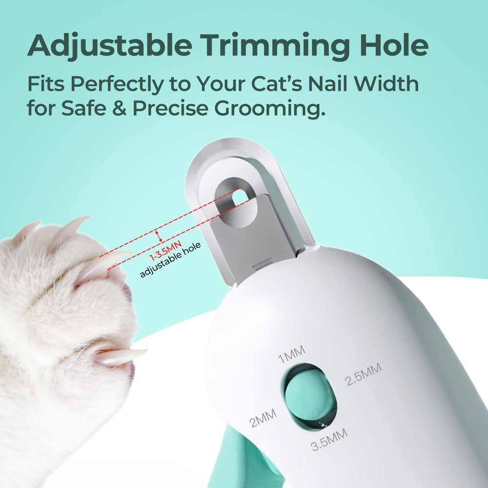 Glozaic adjustable-jaw cat nail clippers showing four-size settings for precise width