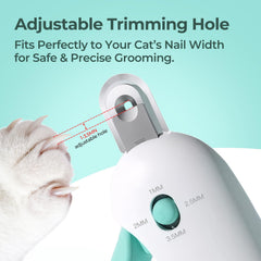 Glozaic adjustable-jaw cat nail clippers showing four-size settings for precise width
