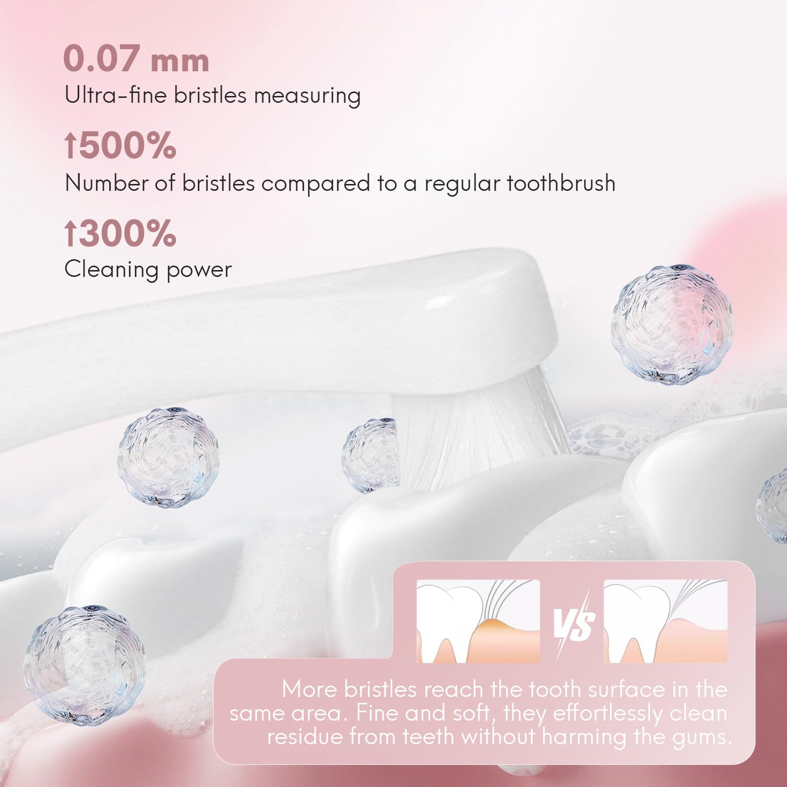 Gluckelk point and round brush heads for surface and between-teeth cleaning.