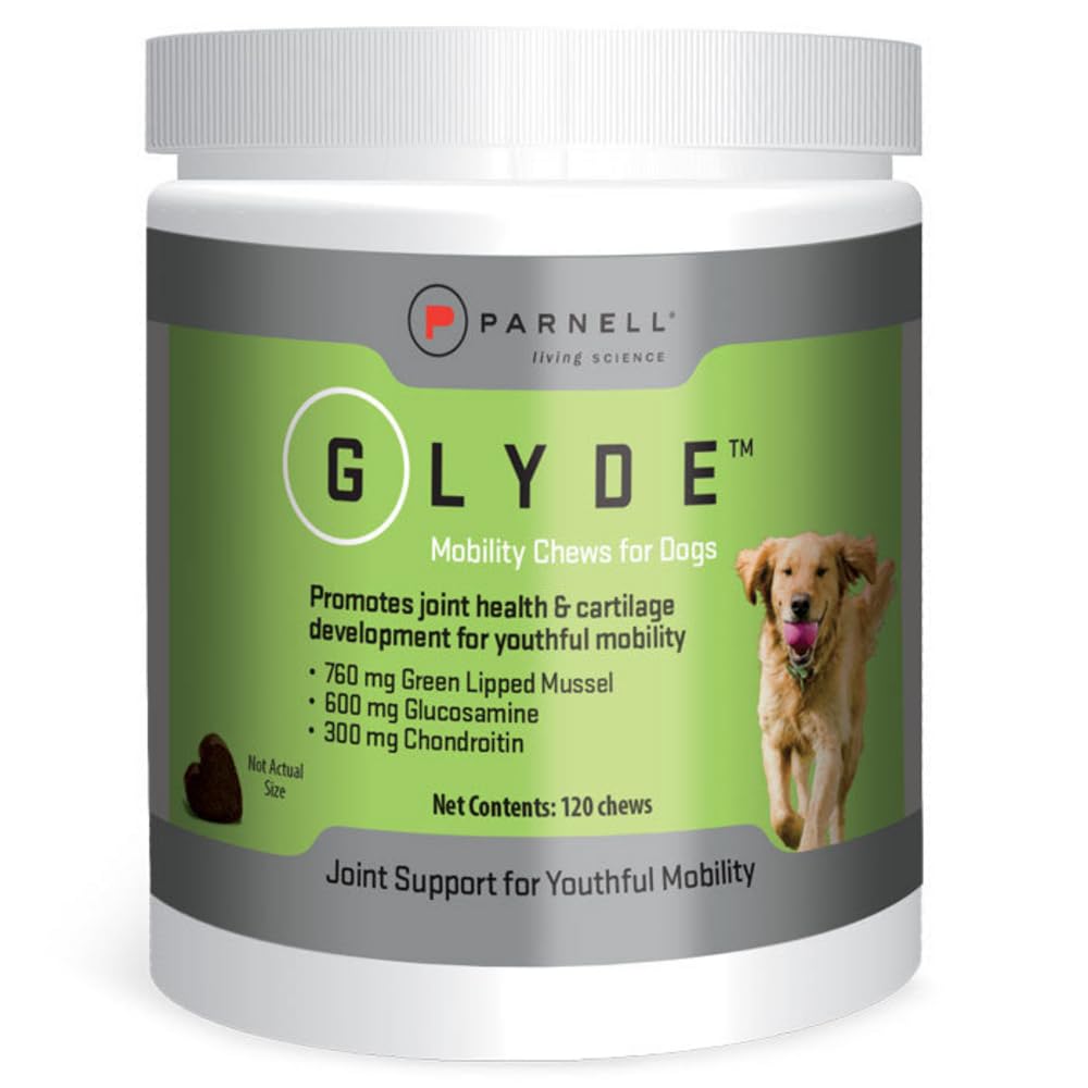 Glyde Mobility Chews bottle shows convenient joint-support treats for dogs.