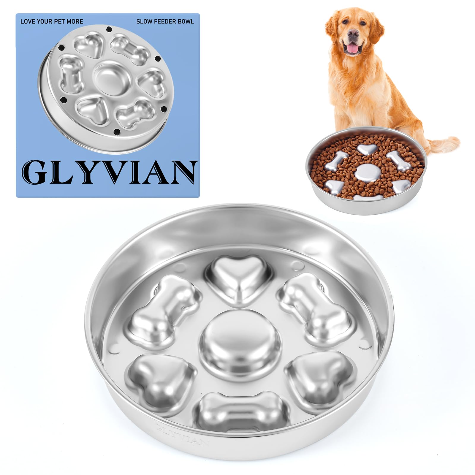 GLYVIAN slow feeder bowl front view with raised obstacles for paced eating