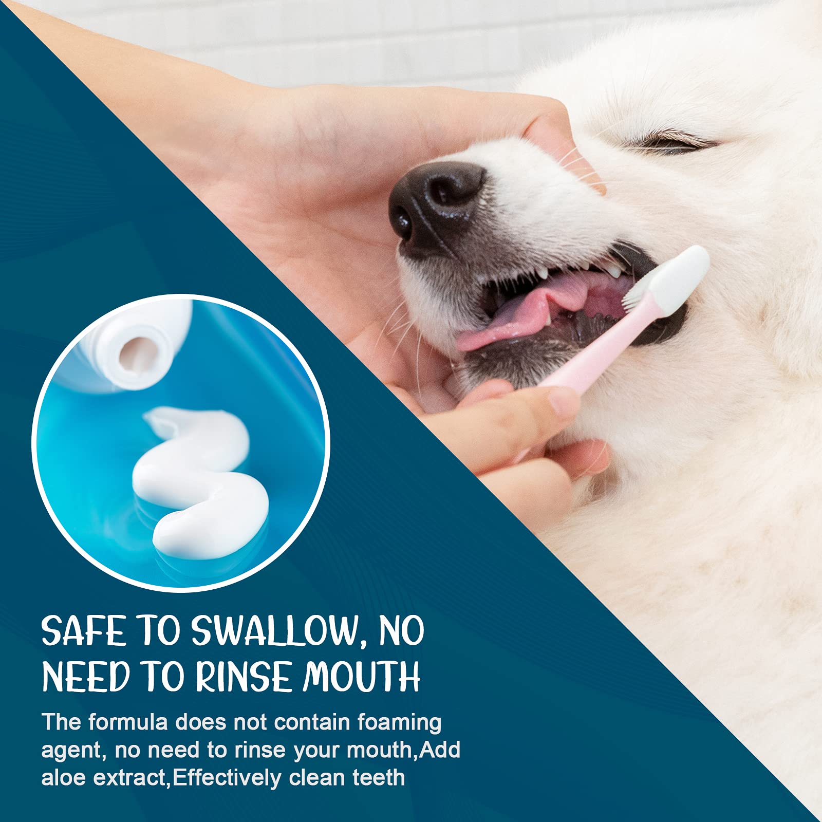 GNAPY dual-head brush in use on a dog's teeth during brushing.