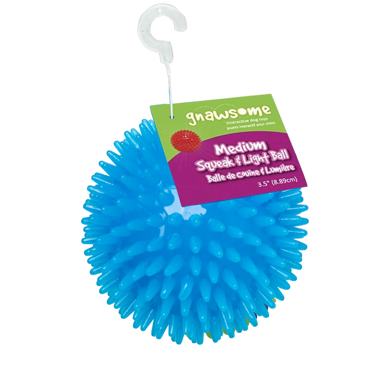 Gnawsome 3.5-inch Spiky Squeak Ball front view for medium dogs, textured for dental-friendly play.