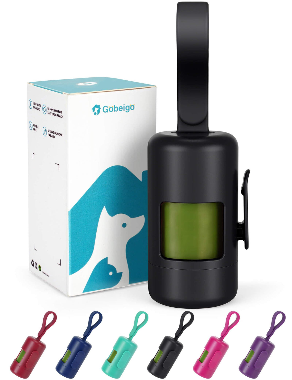 Gobeigo dog poop bag holder hangs securely from a leash for quick cleanup.