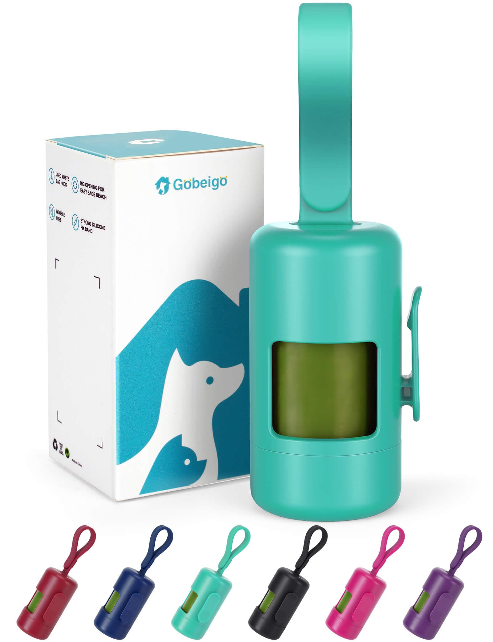 Gobeigo dog poop bag holder turquoise clip secured to a leash for quick bag access.