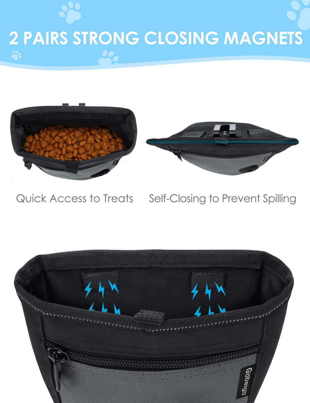Gobeigo dog treat pouch 2 cup capacity supports longer walks with snacks.
