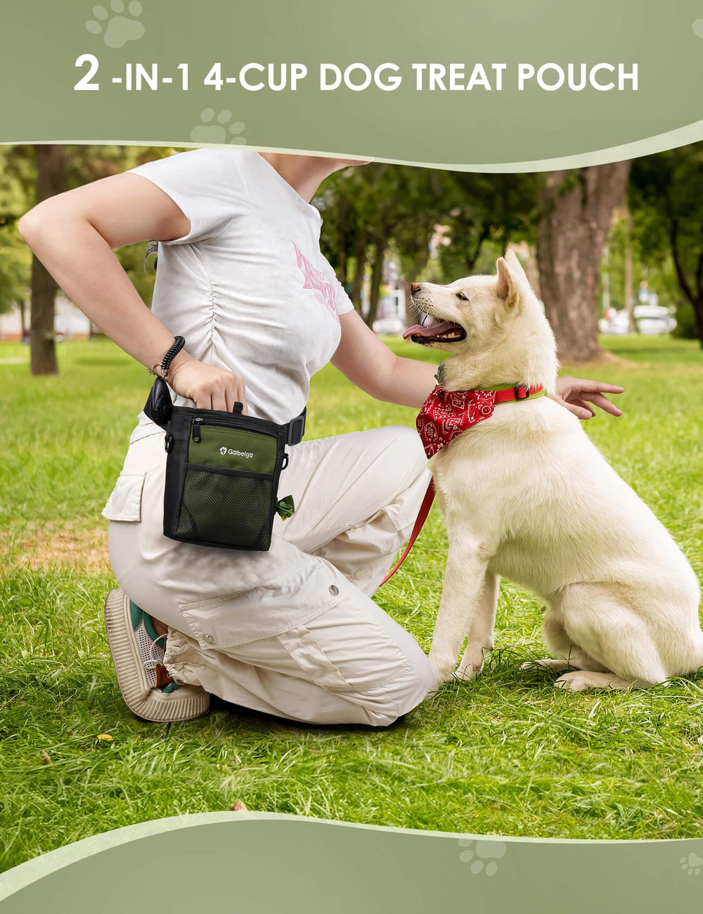 Gobeigo main compartment fits 4 cups of treats and essentials.