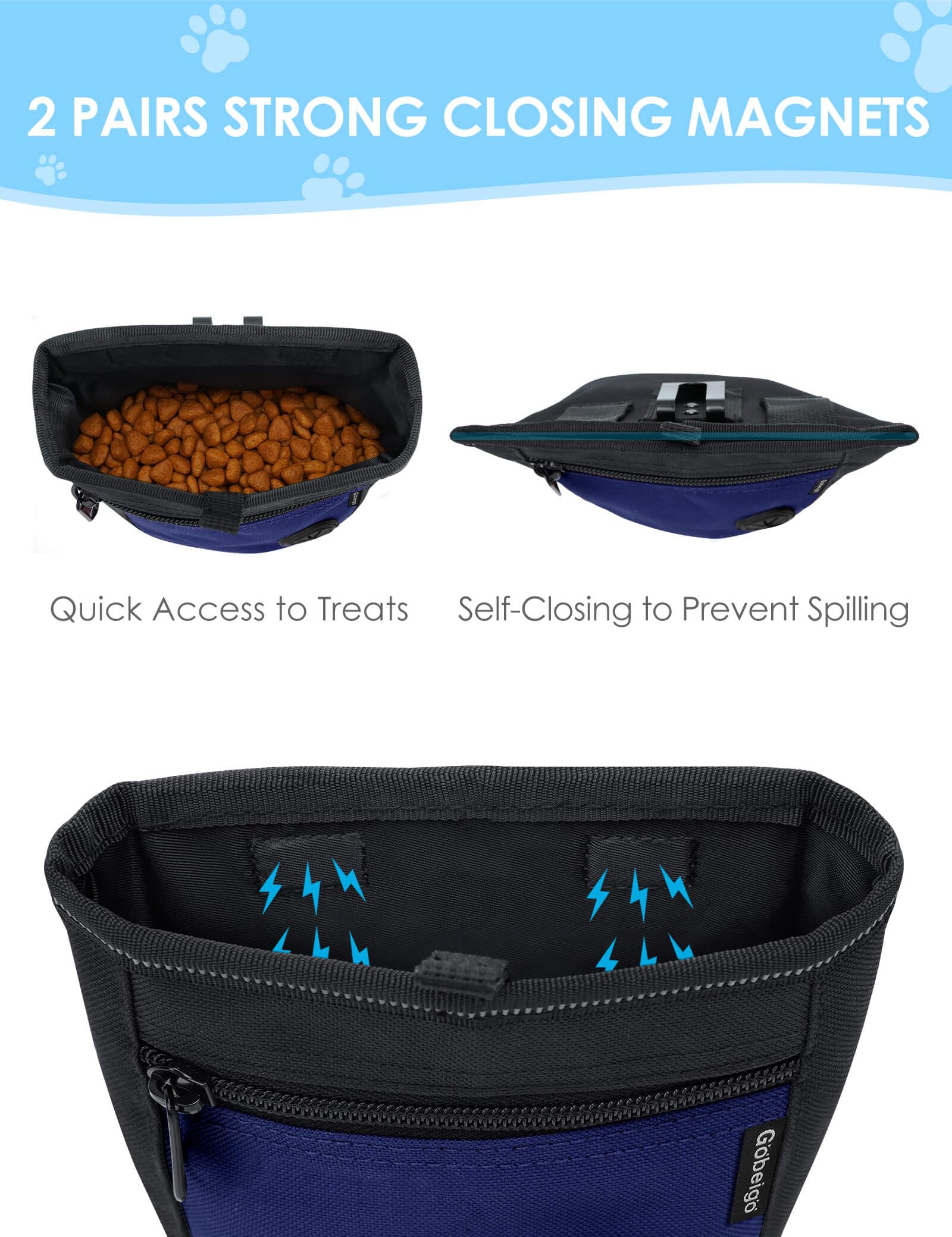 Gobeigo pouch holds 2 cups of treats for longer adventures.