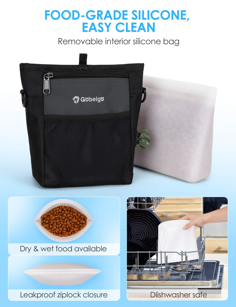 Gobeigo silicone bag inside keeps treats fresh and mess-free during walks