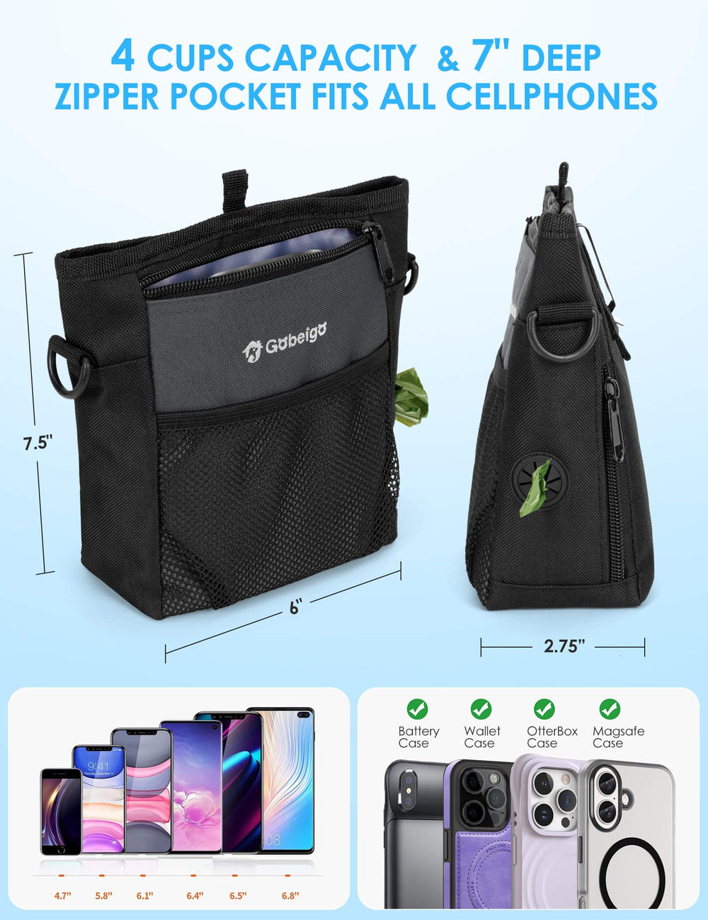 Gobeigo dog treat pouch worn as fanny pack for hands-free puppy outings