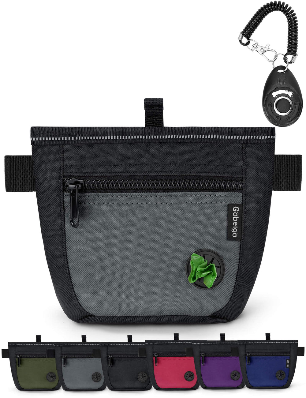 Gobeigo dog treat pouch magnet closure close-up for spill-free training on walks.