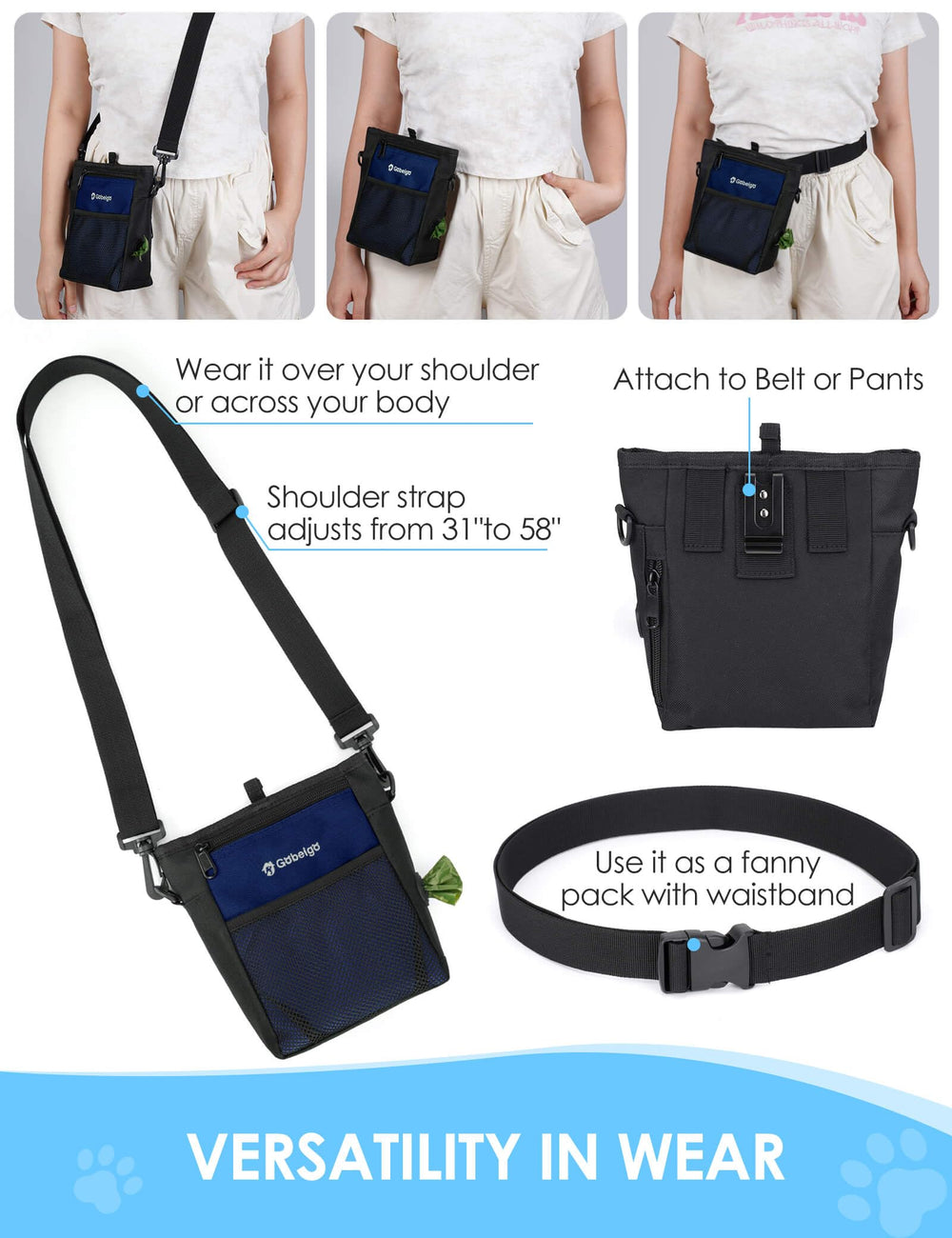 Gobeigo dog treat pouch three ways to wear for versatile walks.