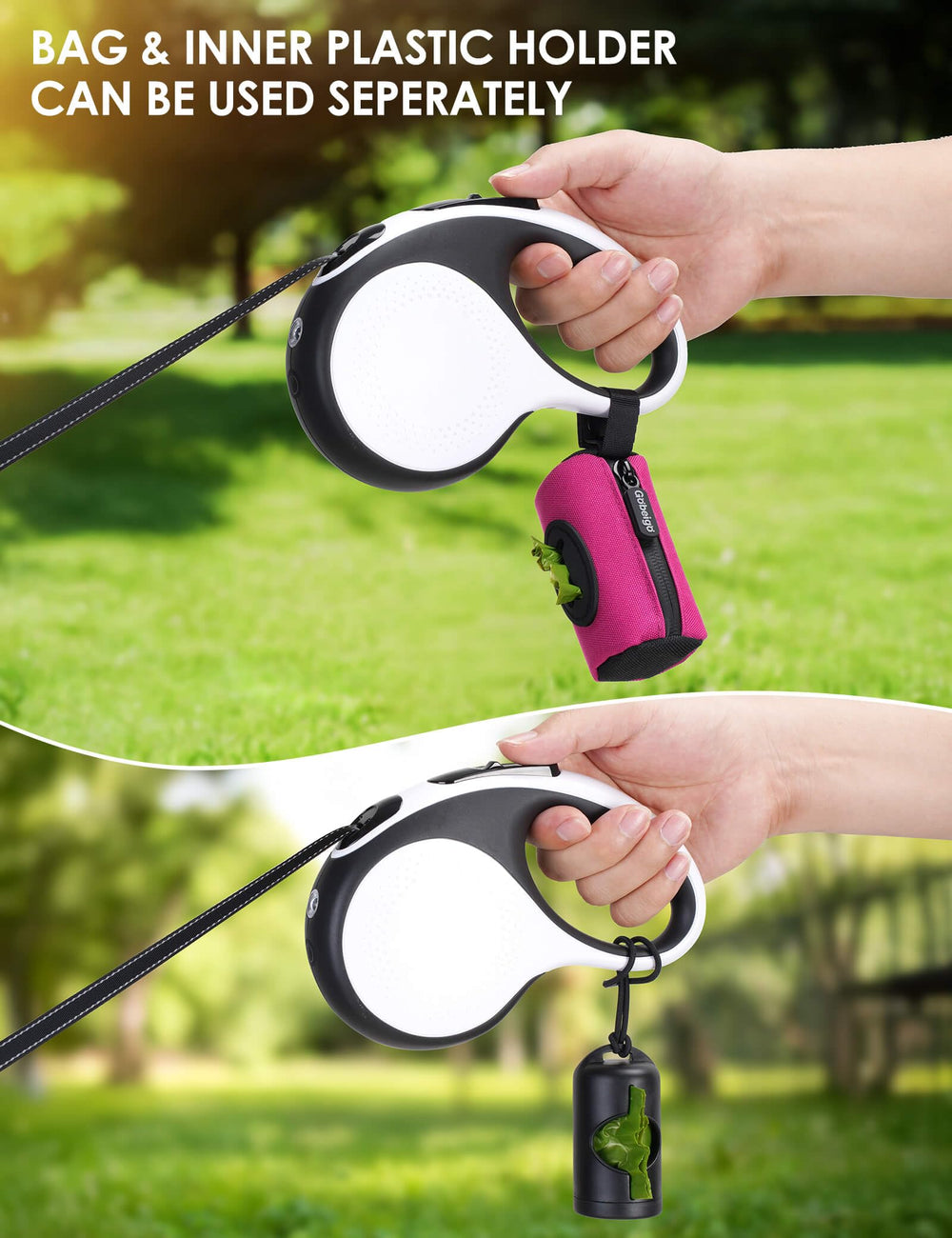 Gobeigo hot pink dog poop bag holder clipped on leash for hassle-free cleanup.