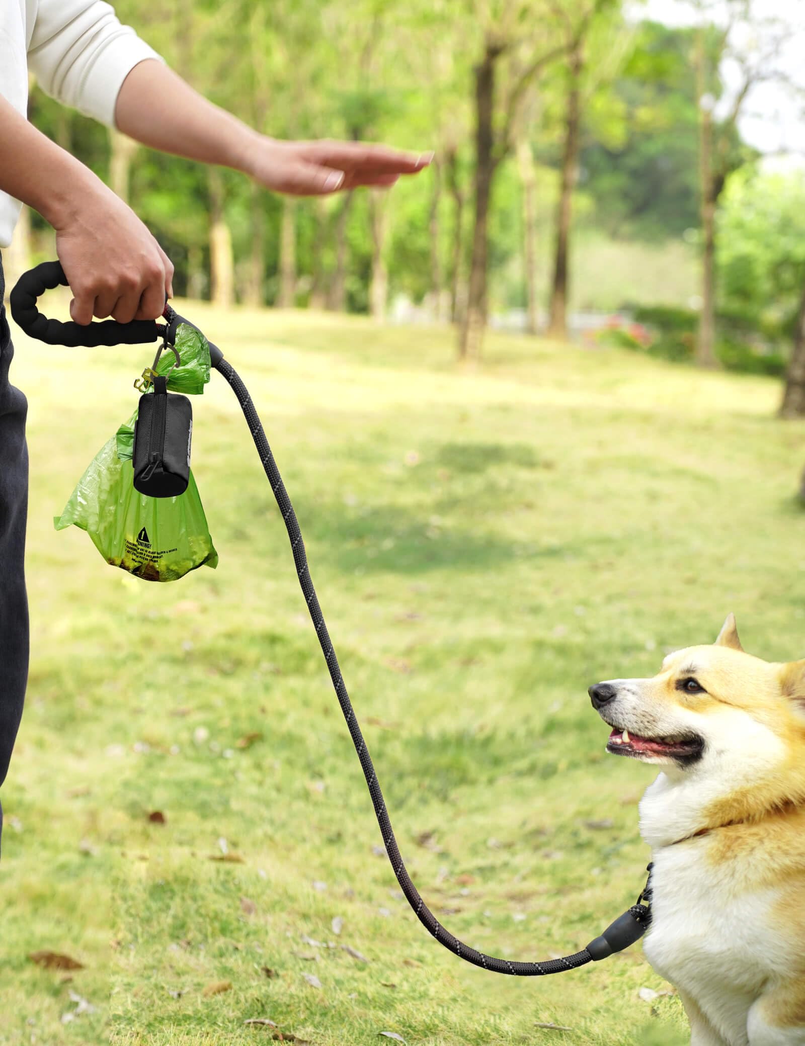 Gobeigo poop bag dispenser includes unscented bags for walks.