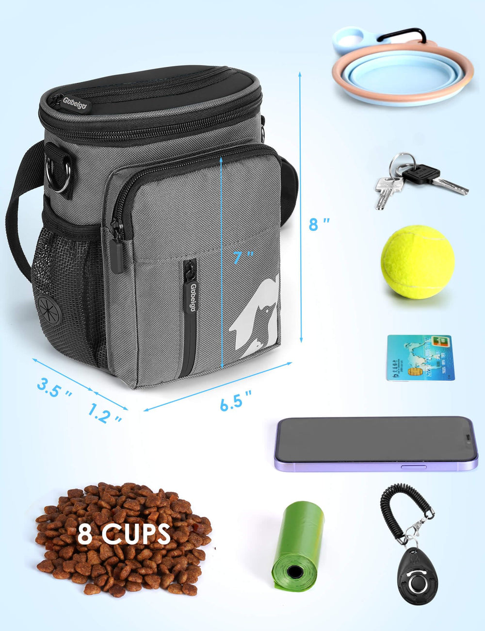 Gobeigo treat bag poop bag dispenser on the side for cleanup.