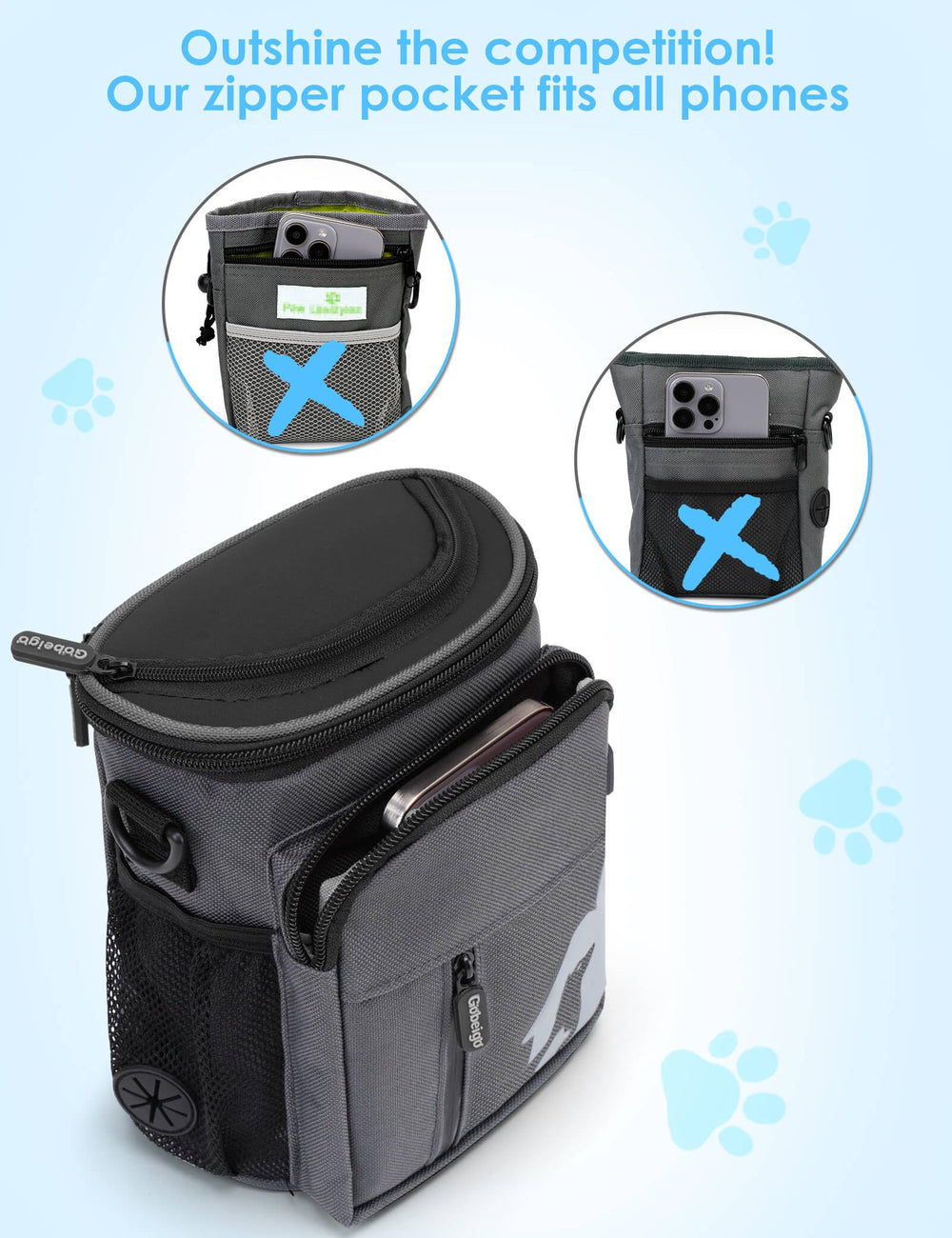 Gobeigo treat bag three ways to wear with belt clip, waist belt, and crossbody option.