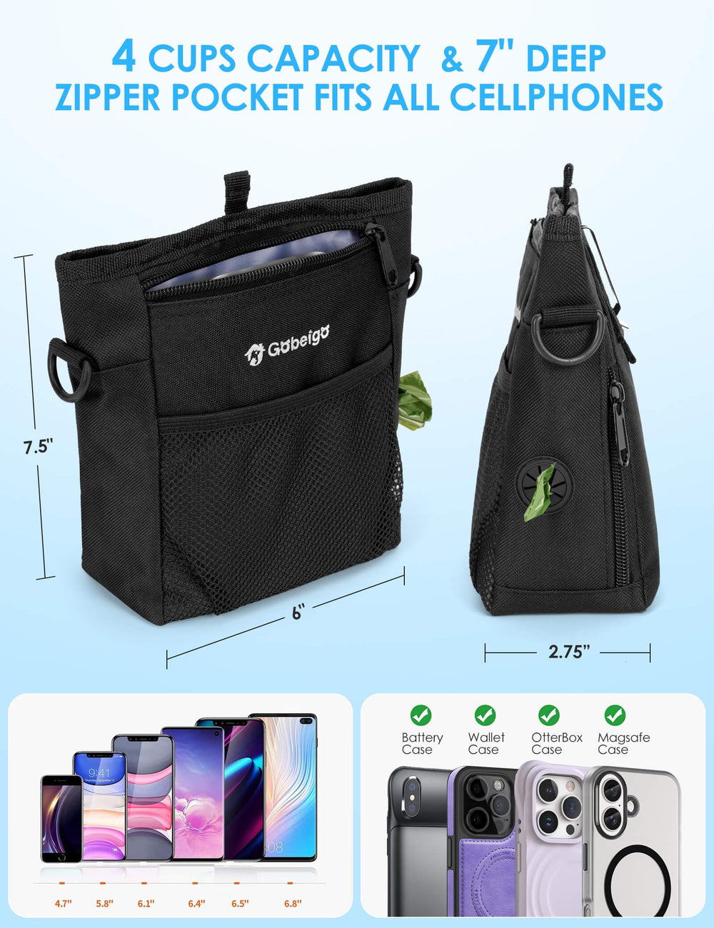 Gobeigo treat pouch front pocket holds a phone and essentials