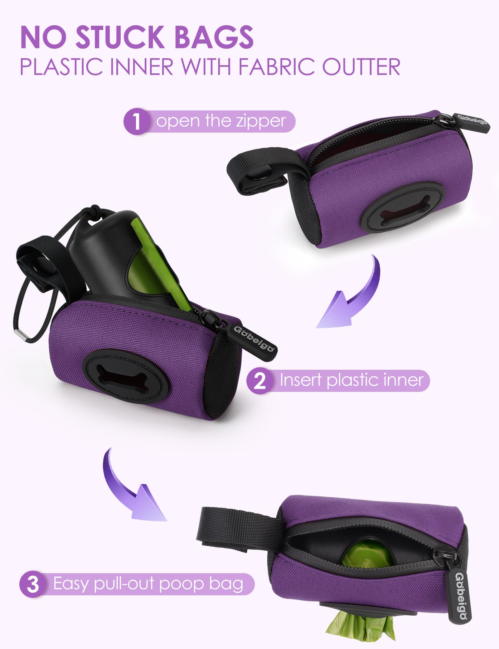 Gobeigo two-in-one plastic insert and soft fabric bag for durable, smooth dispensing.