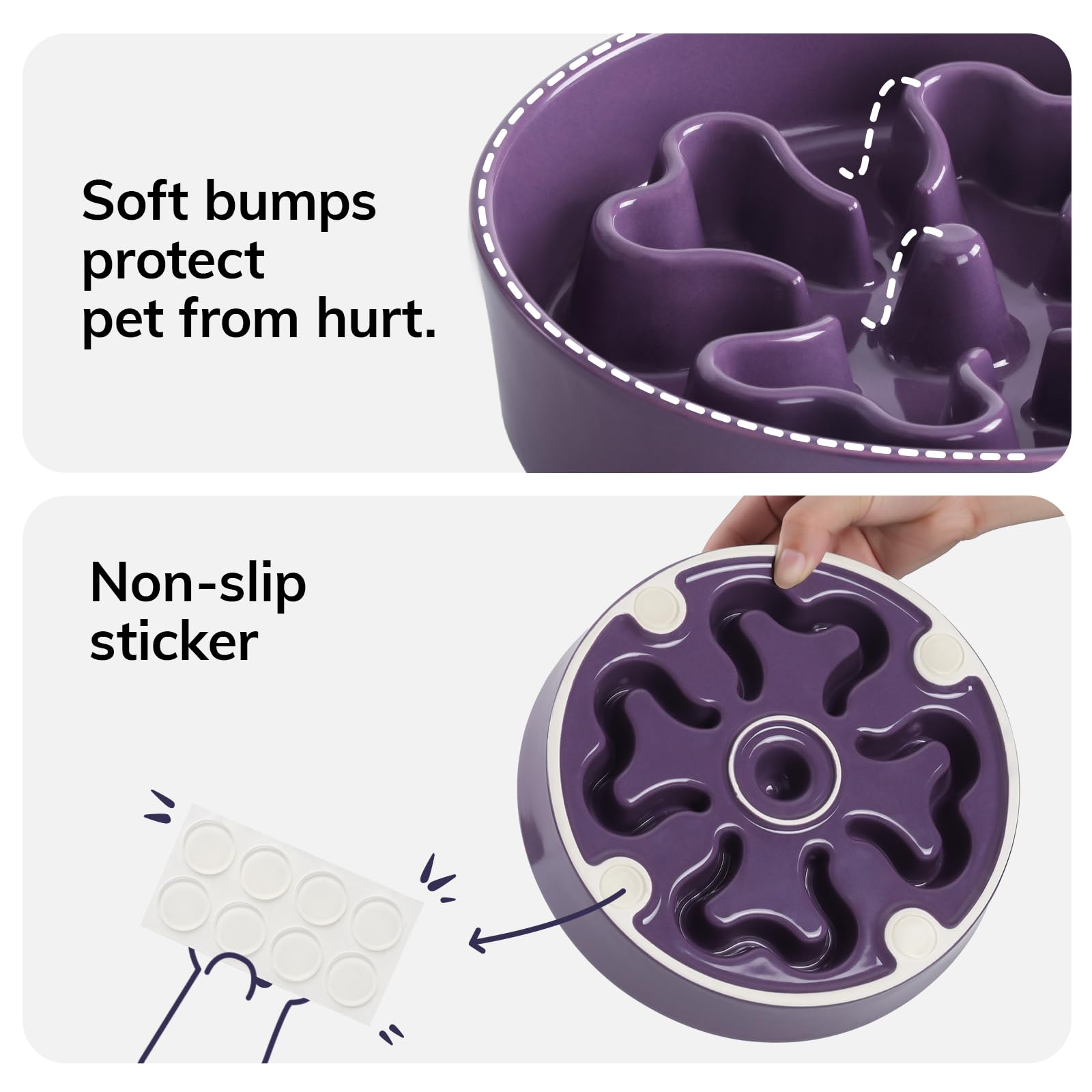 Gocess slow feeder bowl purple interior maze closeup reveals precise ridges guiding meals.