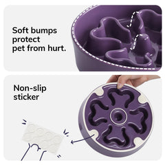 Gocess slow feeder bowl purple interior maze closeup reveals precise ridges guiding meals.