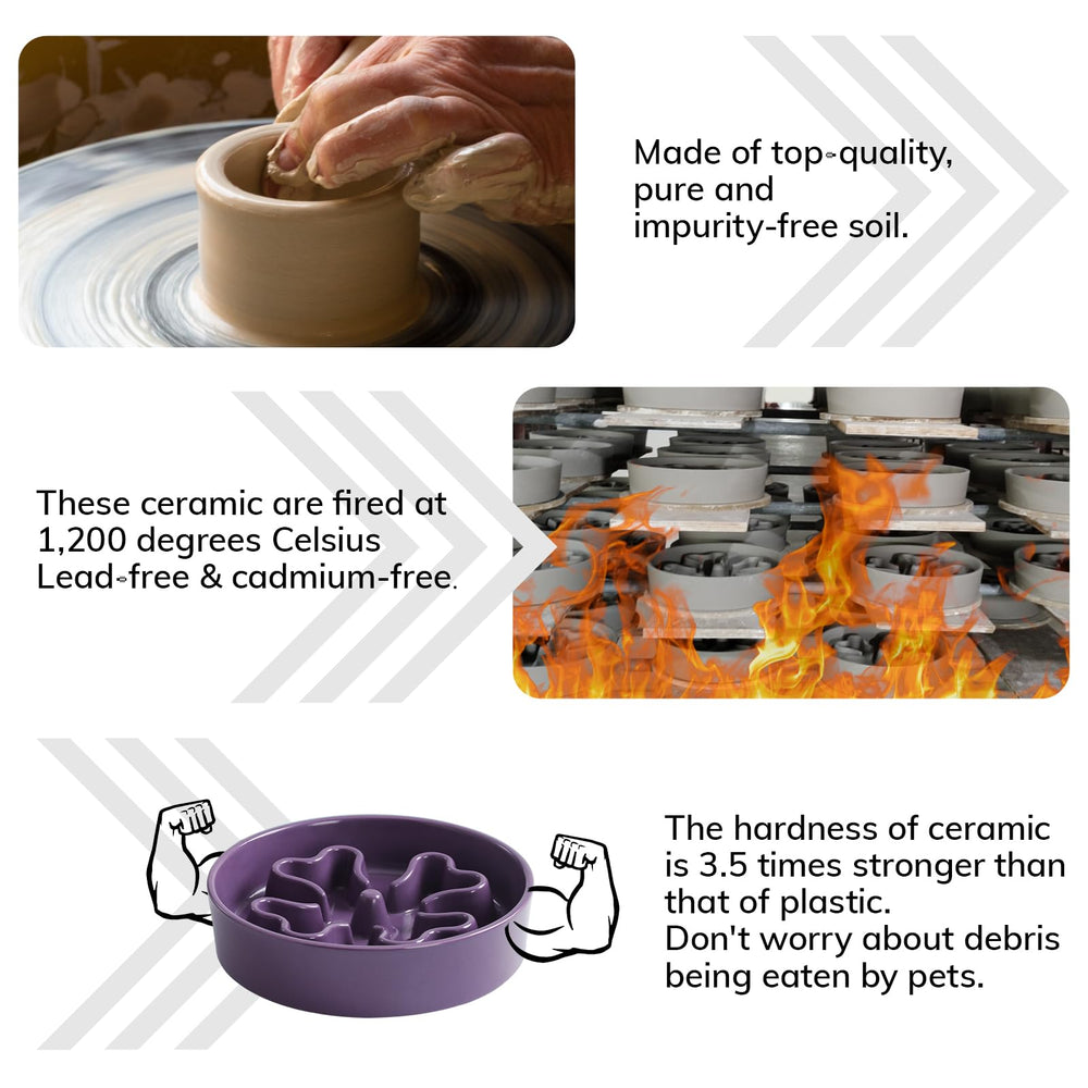 Gocess slow feeder bowl purple material closeup ceramic emphasizes food-grade safety.