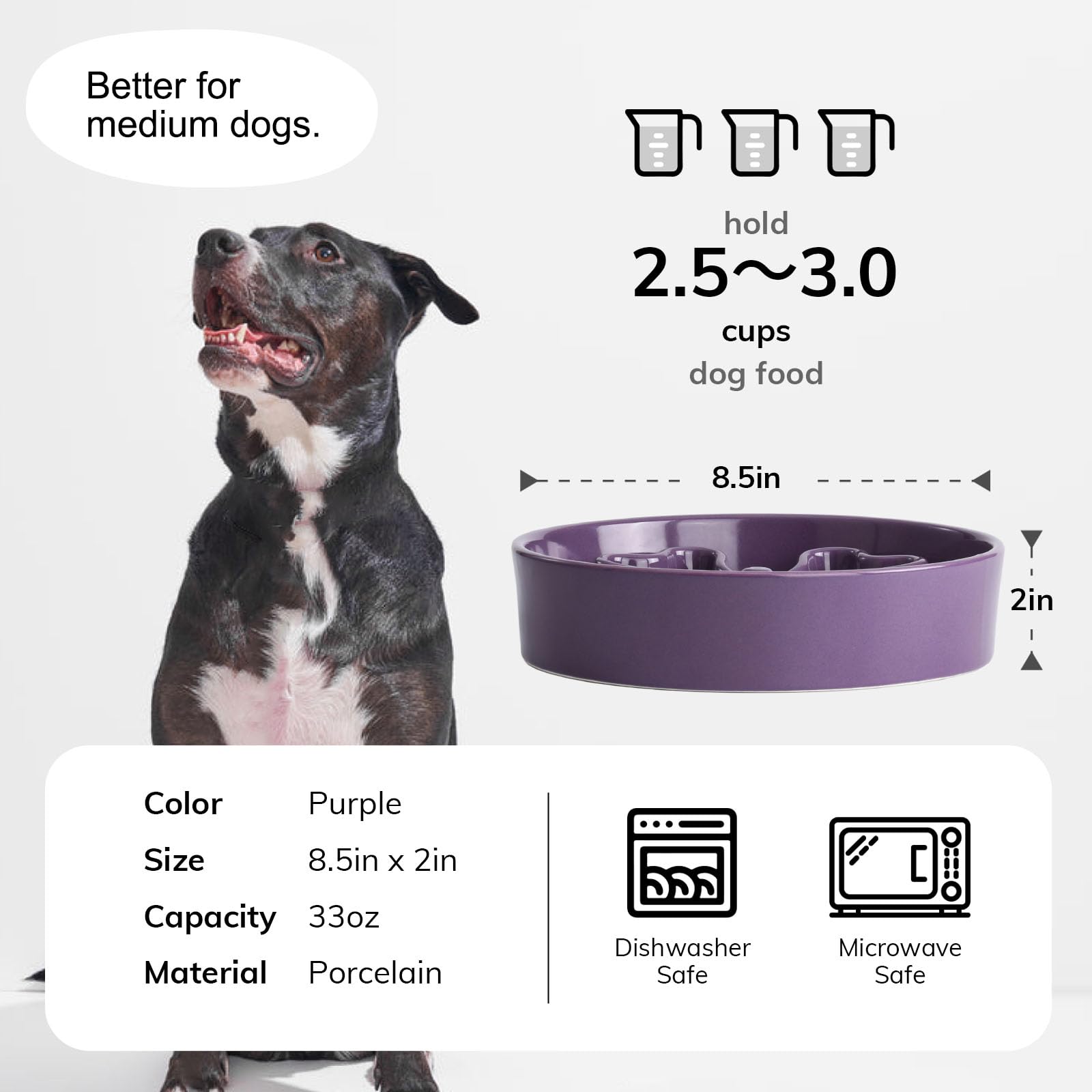 Gocess slow feeder bowl purple top view highlights the 3cm maze designed to slow meals.