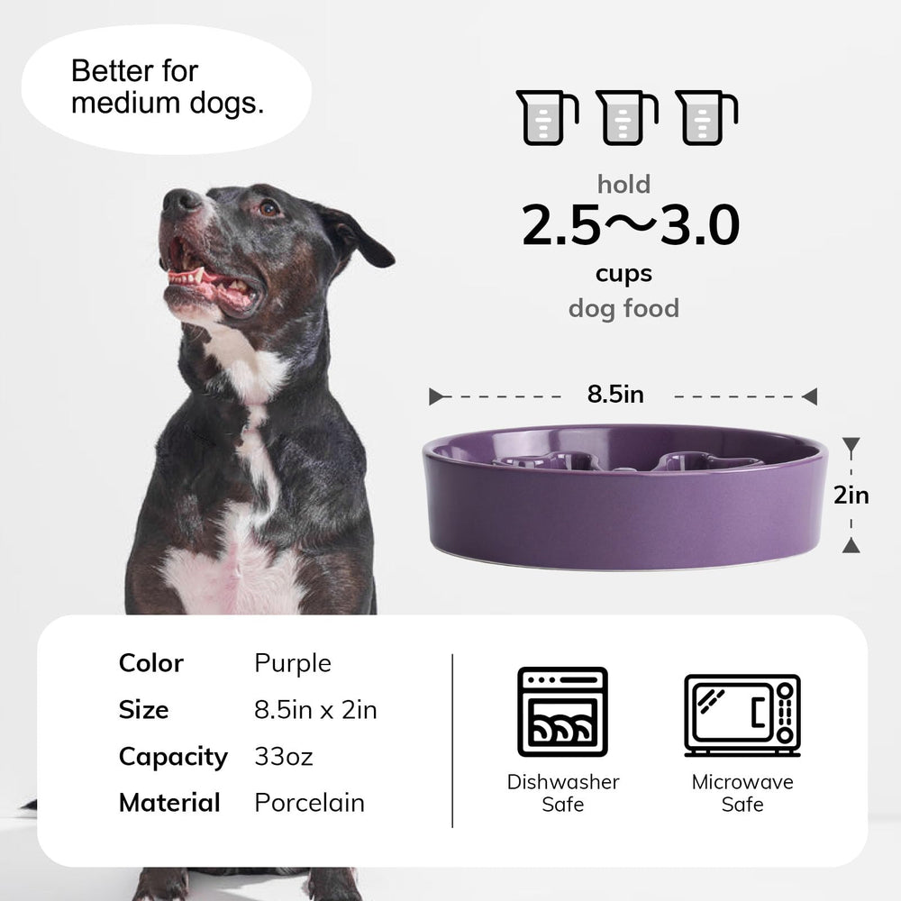 Gocess slow feeder bowl purple top view highlights the 3cm maze designed to slow meals.