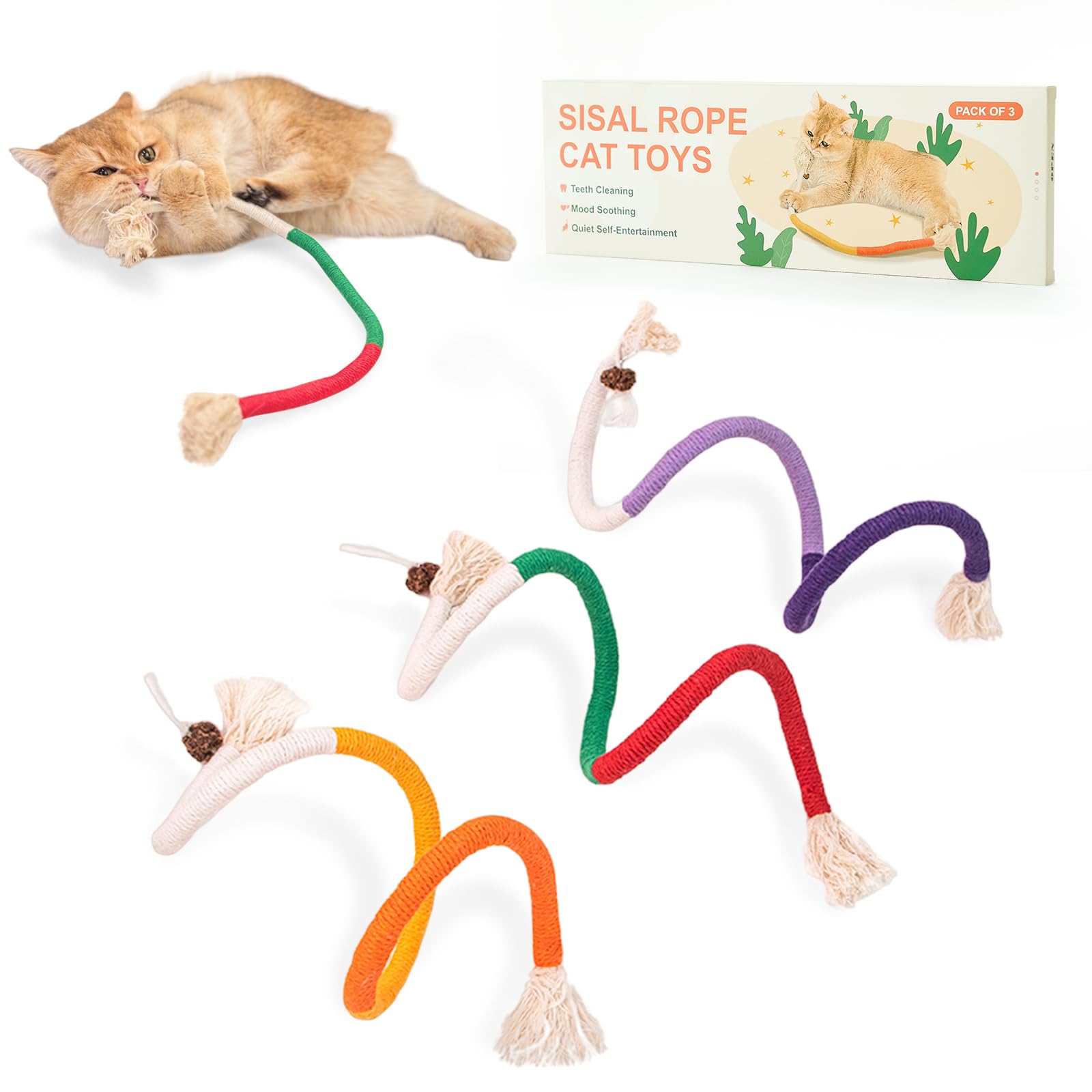 Gochanmon cat toys chew ropes closeup, natural sisal fibers aid gentle dental cleaning