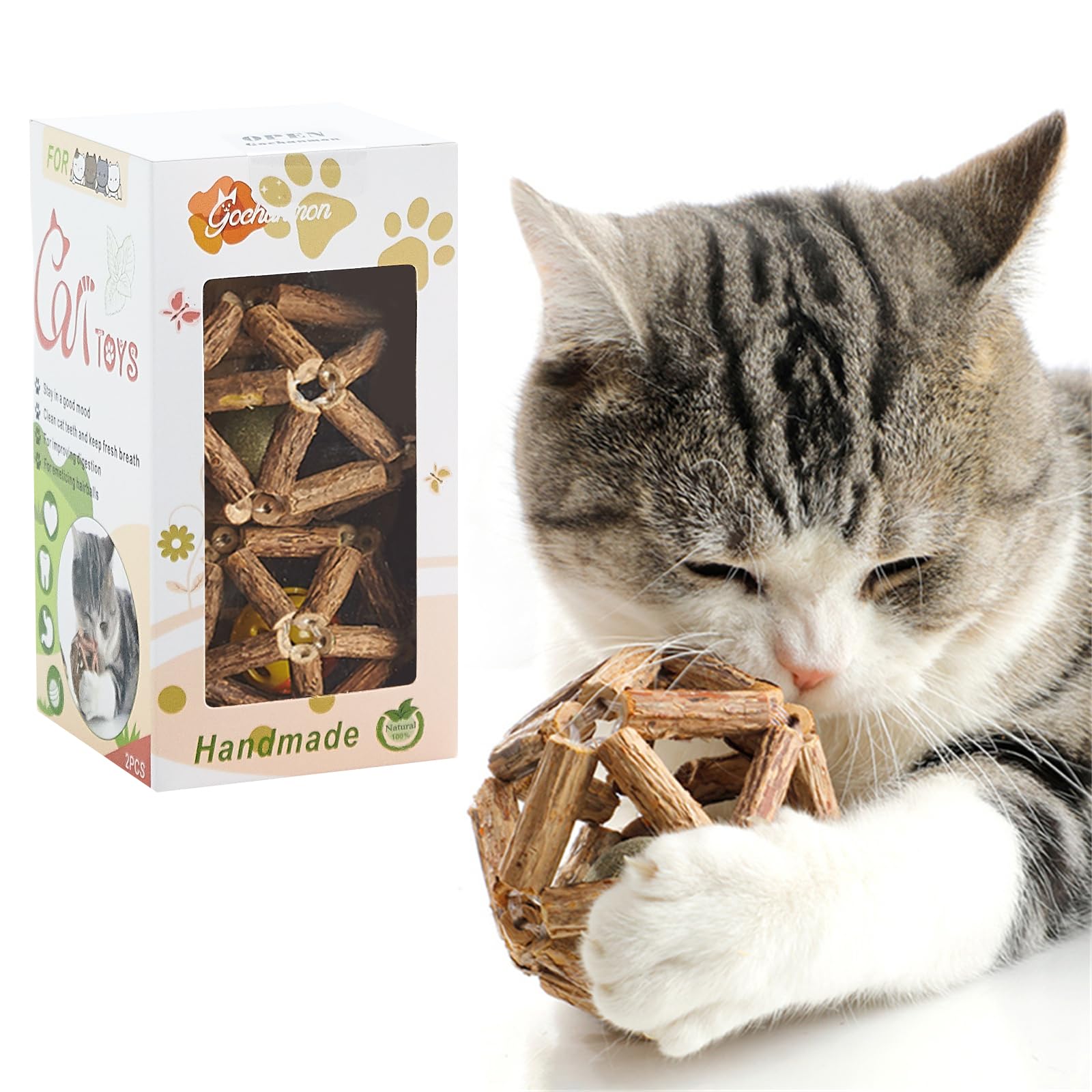 Gochanmon silvervine stick and catnip ball for engaging indoor play and potential dental health benefits