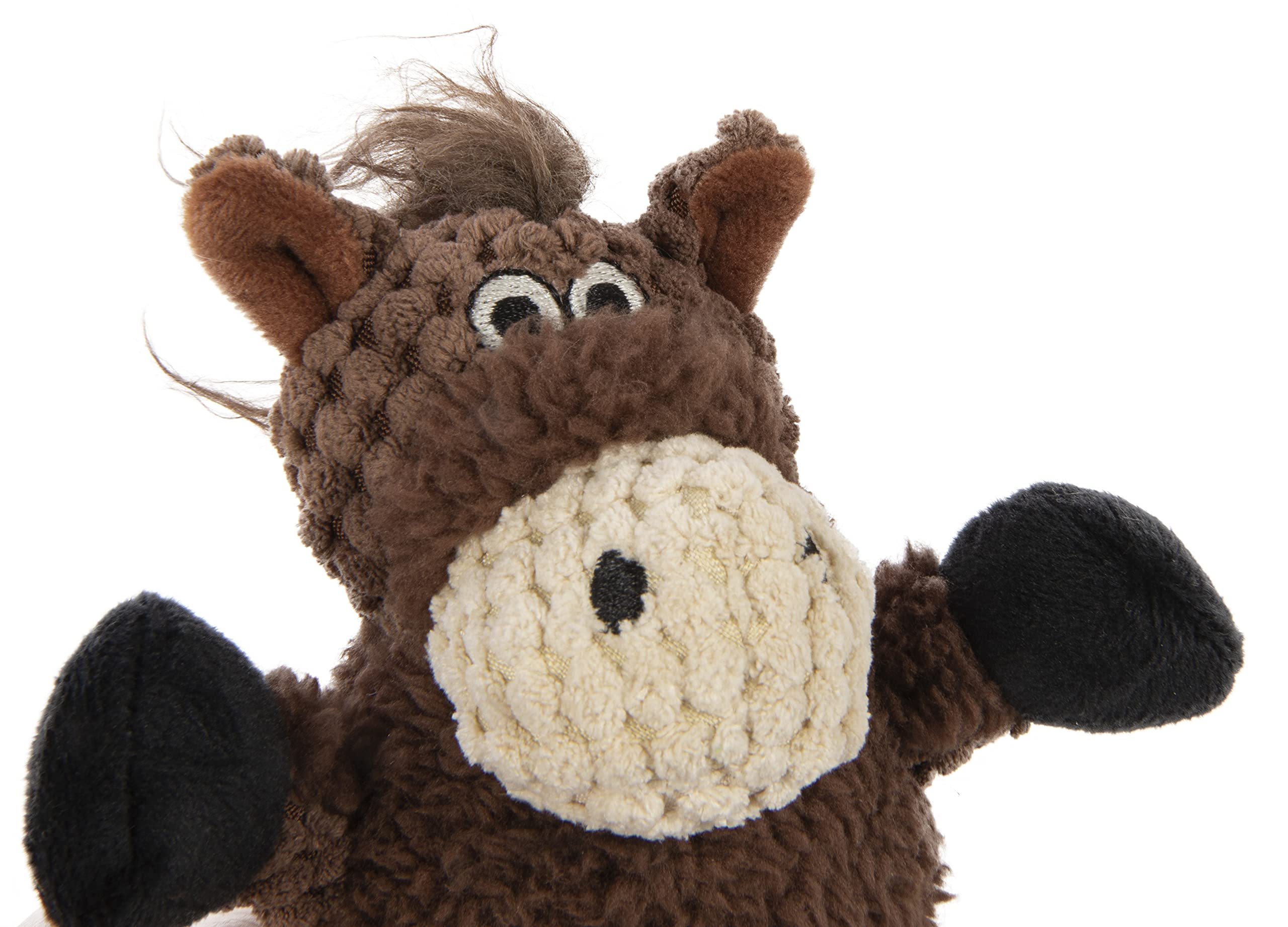 goDog Checkers Just for Me Skinny Horse Mini brown squeaker close-up encourages interactive play.
