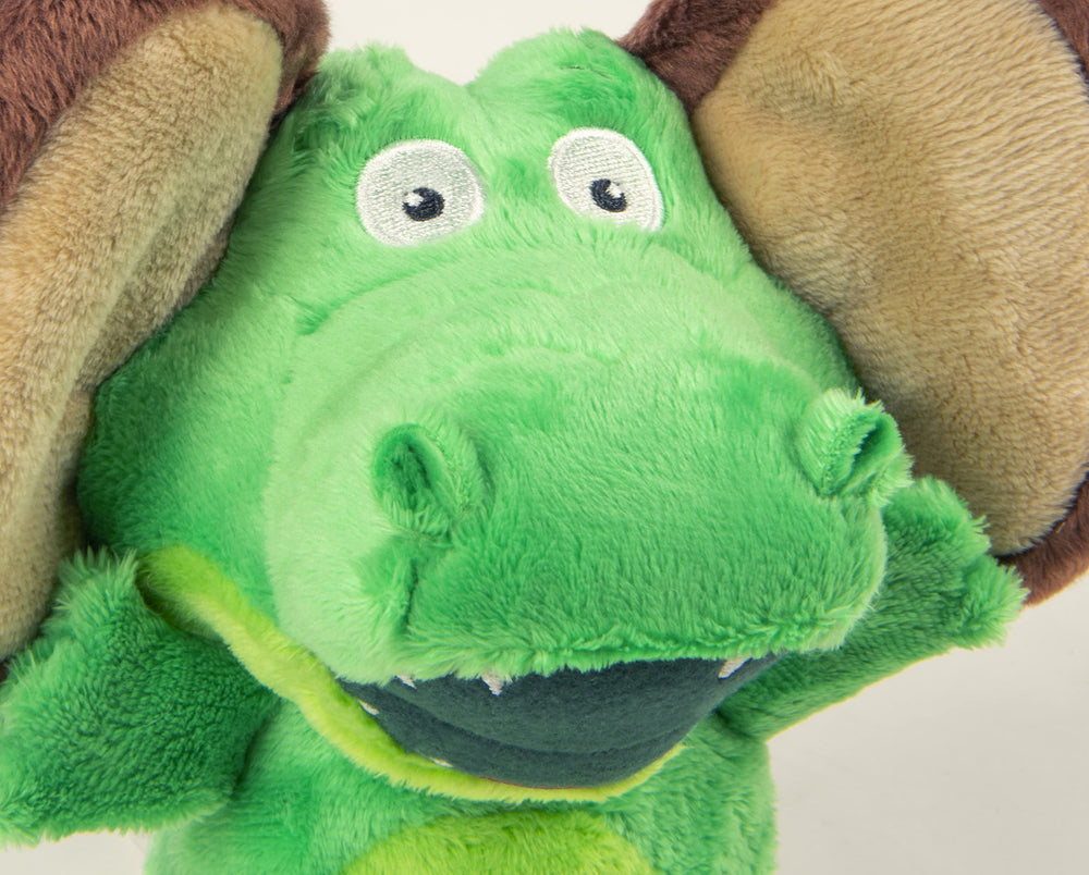 GoDog Flips Gator-Monkey green large silent squeak closeup for quiet dog play