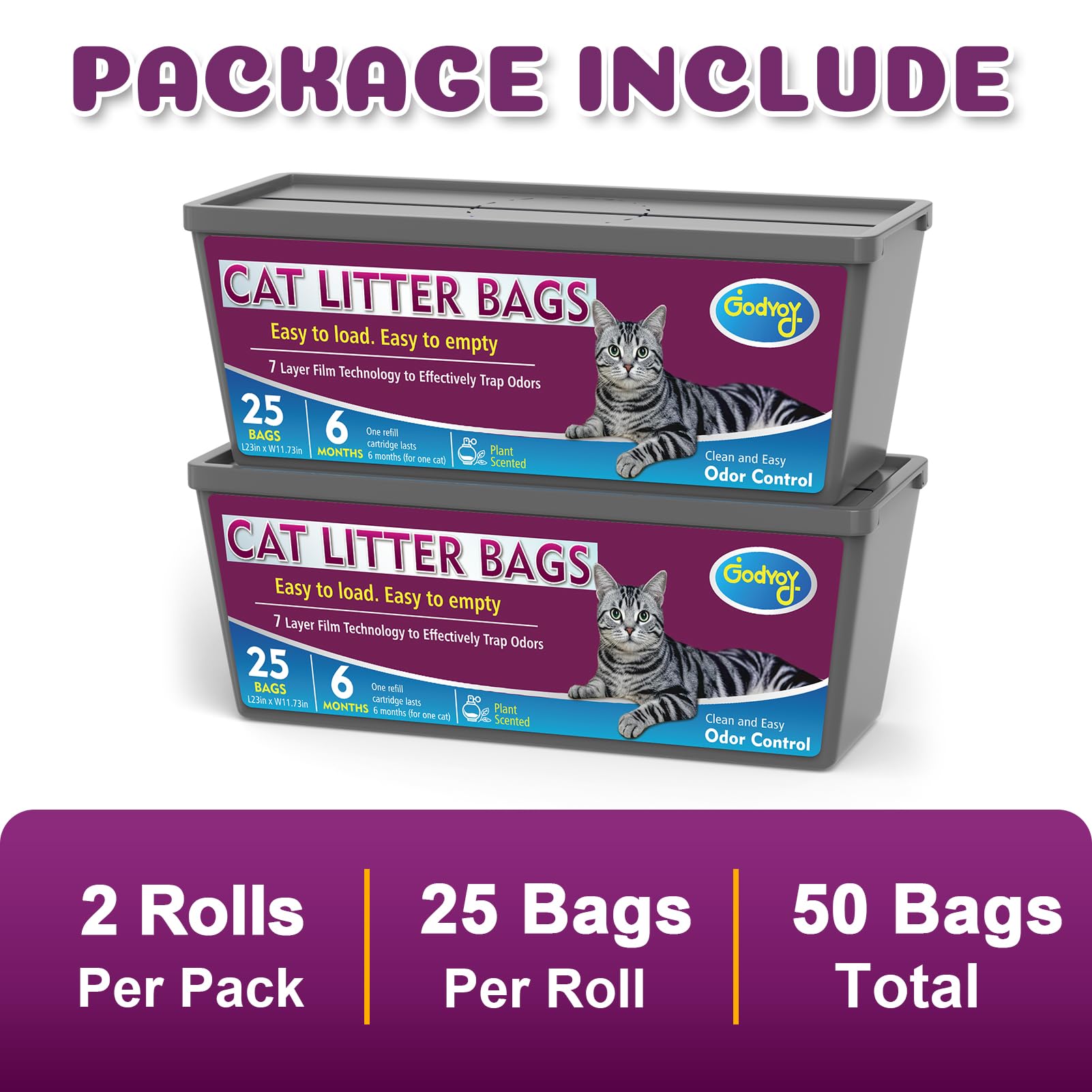 Godyoy 12-month-supply concept with 50 bags for single-cat homes.