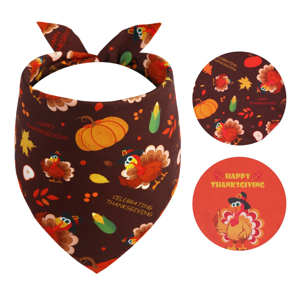 Gofshy Thanksgiving bandana brown side with turkey and pumpkin for a festive pet look.