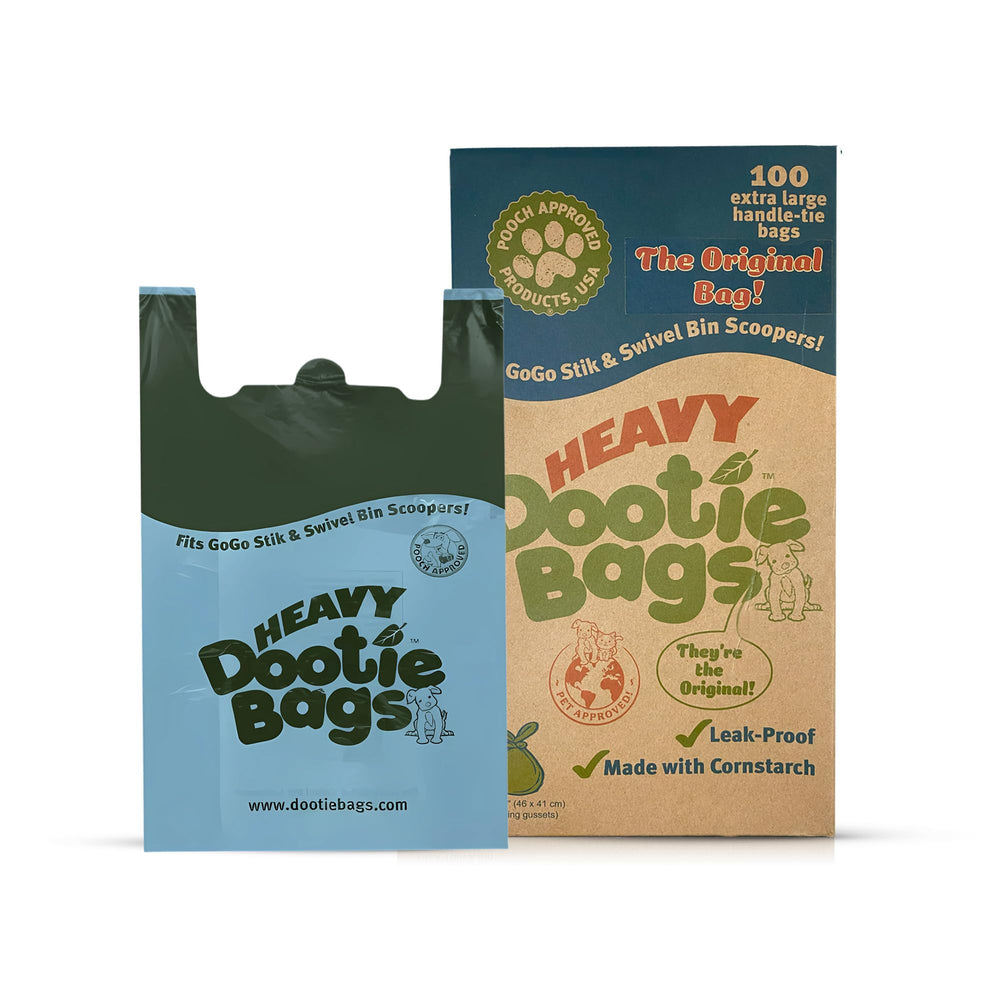 GoGo Stik Heavy Dootie Bags shown in dispenser box for quick, hygienic access