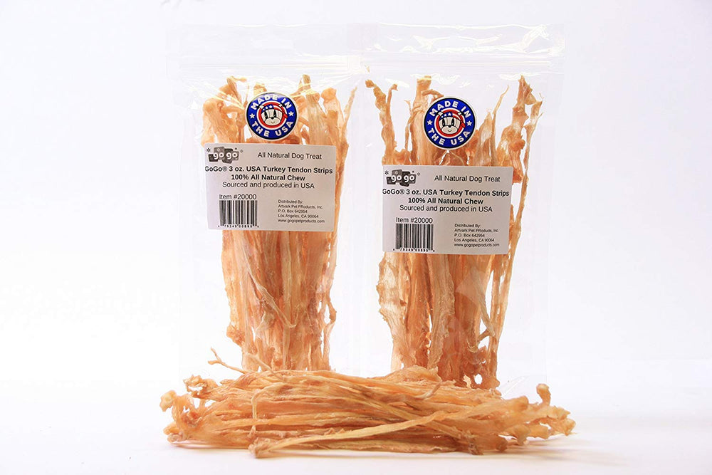 GOGO turkey tendon strips 2-pack packaging shows USA-made quality for convenient rewards.