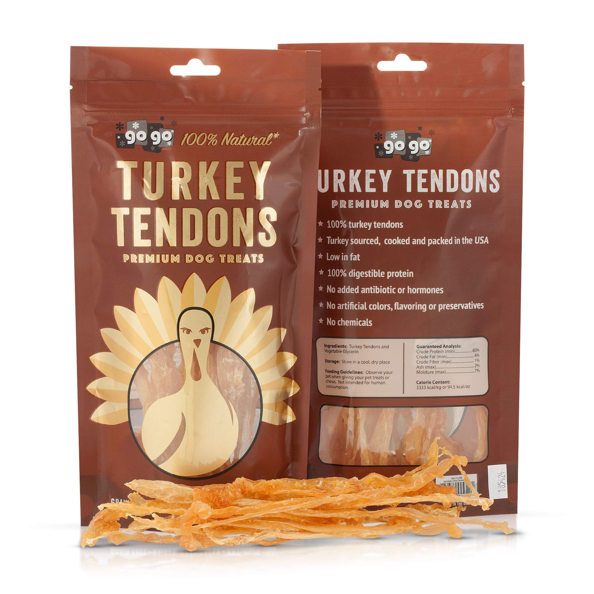 GOGO turkey tendon strips bulk pack—free-range ingredients highlighted.