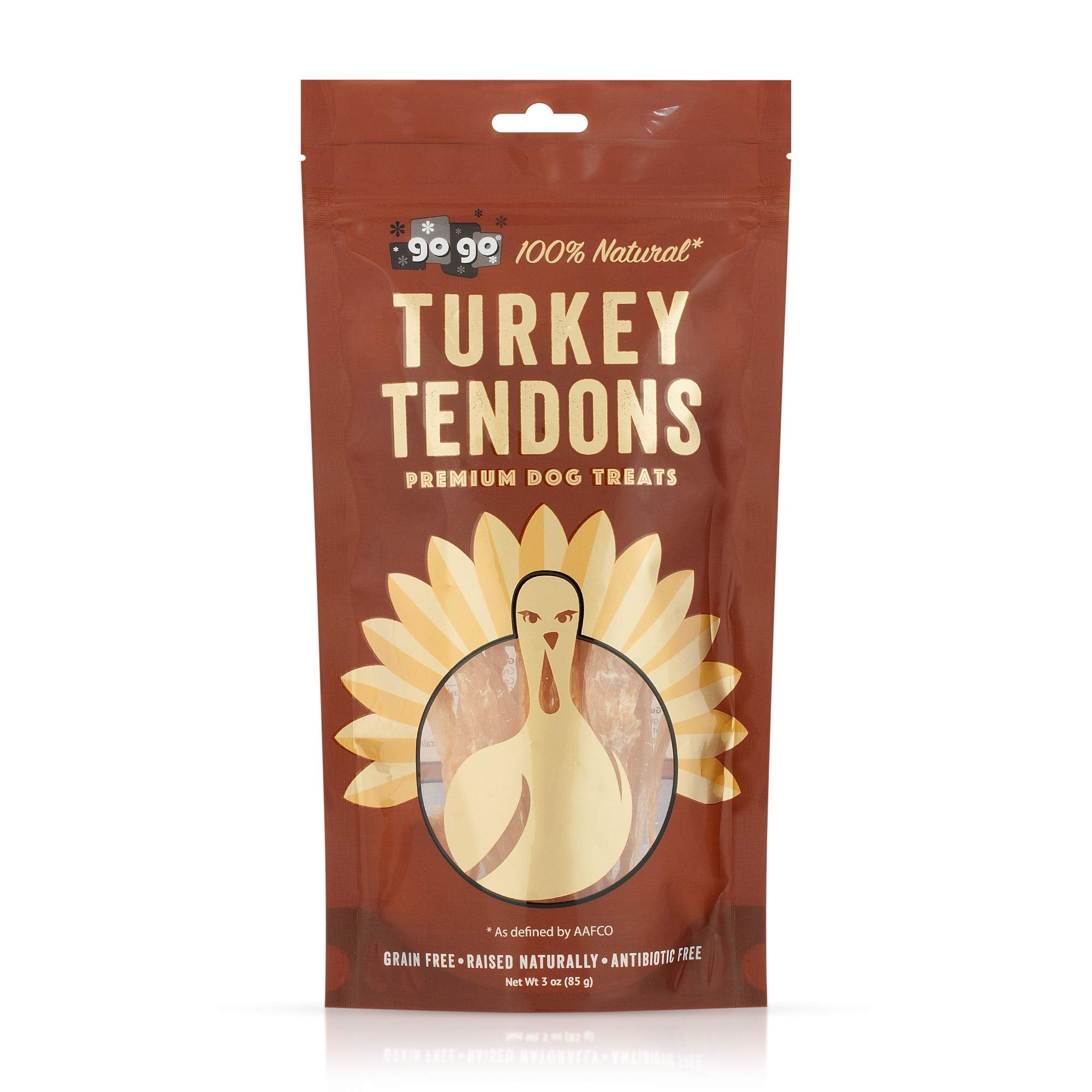 GOGO turkey tendon strips package front—protein-rich dog chew.