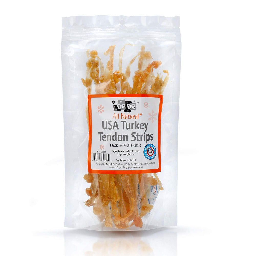 GOGO Turkey Tendon Strips USA pack shows convenient 2-pack dog treat for everyday rewards