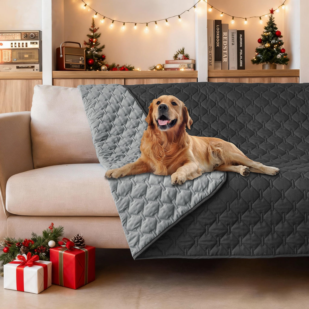 Gogobunny dog blanket, waterproof outer layer, keeps furniture dry and protected.