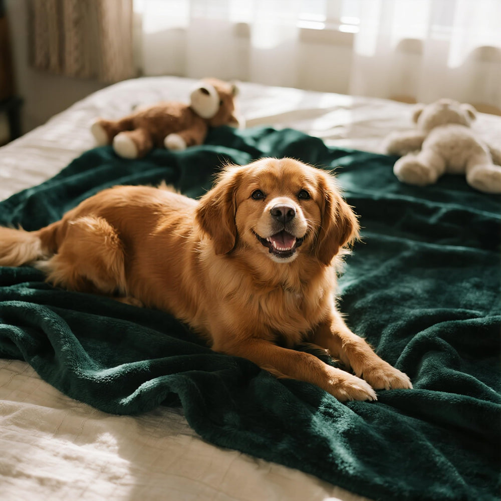 gogobunny forest green pet fur protection blanket illustrated on couch