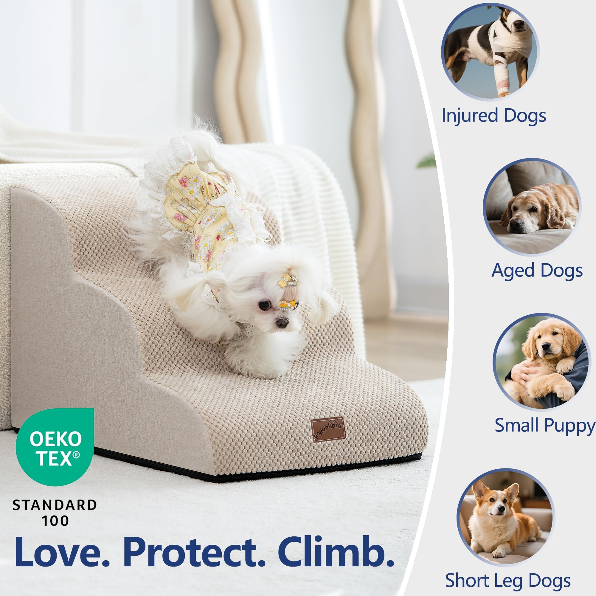 Gogobunny Ramp Stairs helping pets reach bed comfortably.