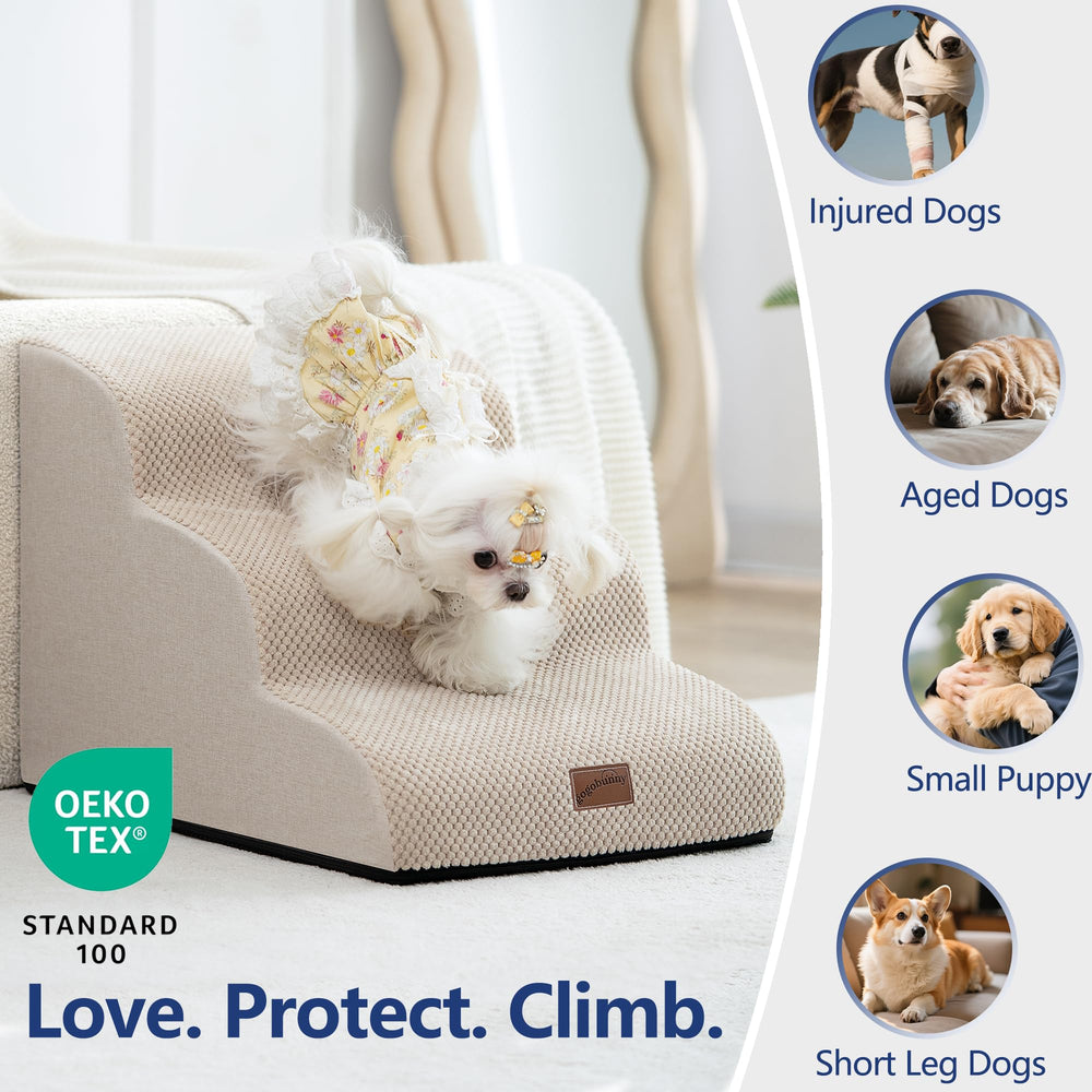 Gogobunny Ramp Stairs helping pets reach bed comfortably.