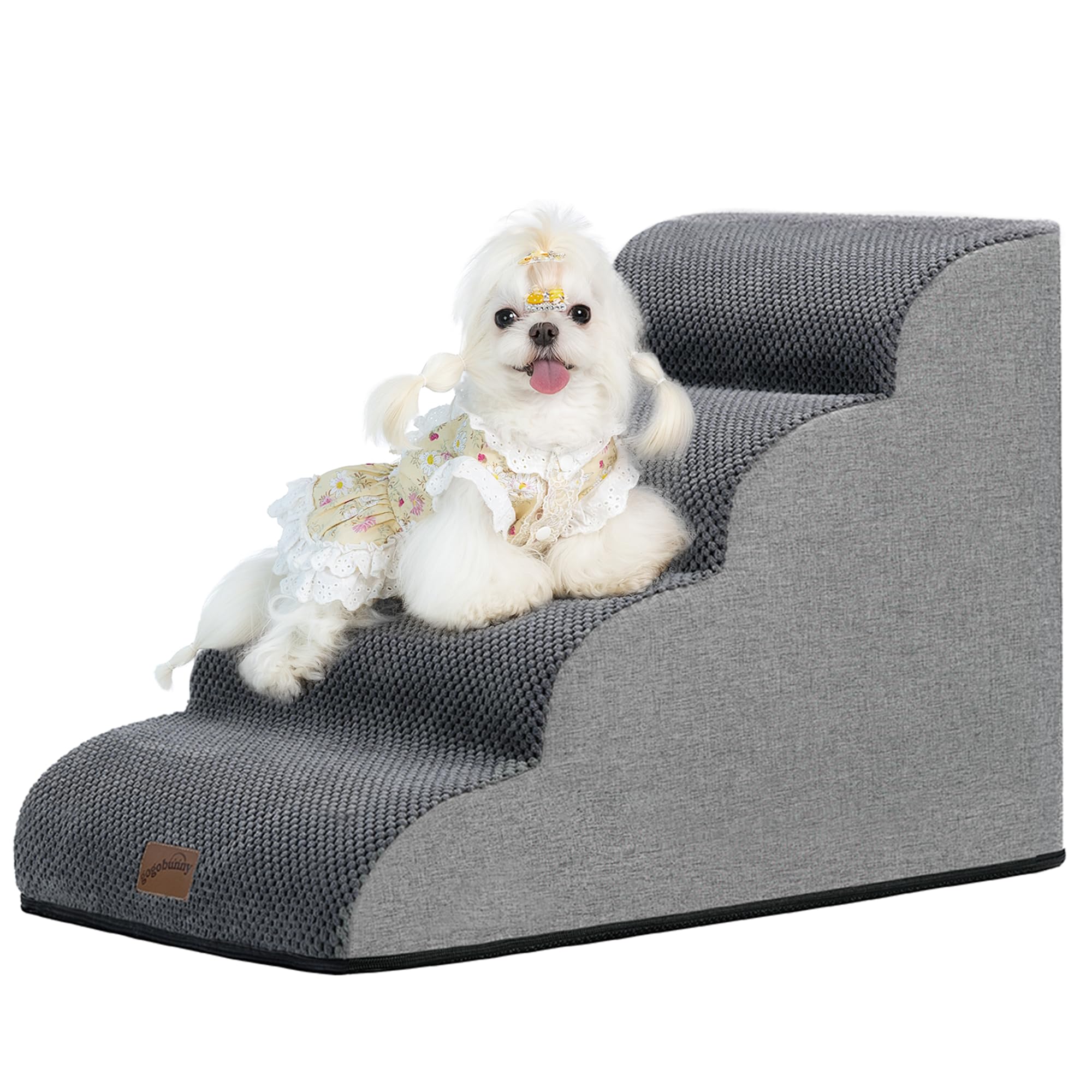 Gogobunny Ramp Cat Dog Stairs on bed front view shows four-step design for easy pet access
