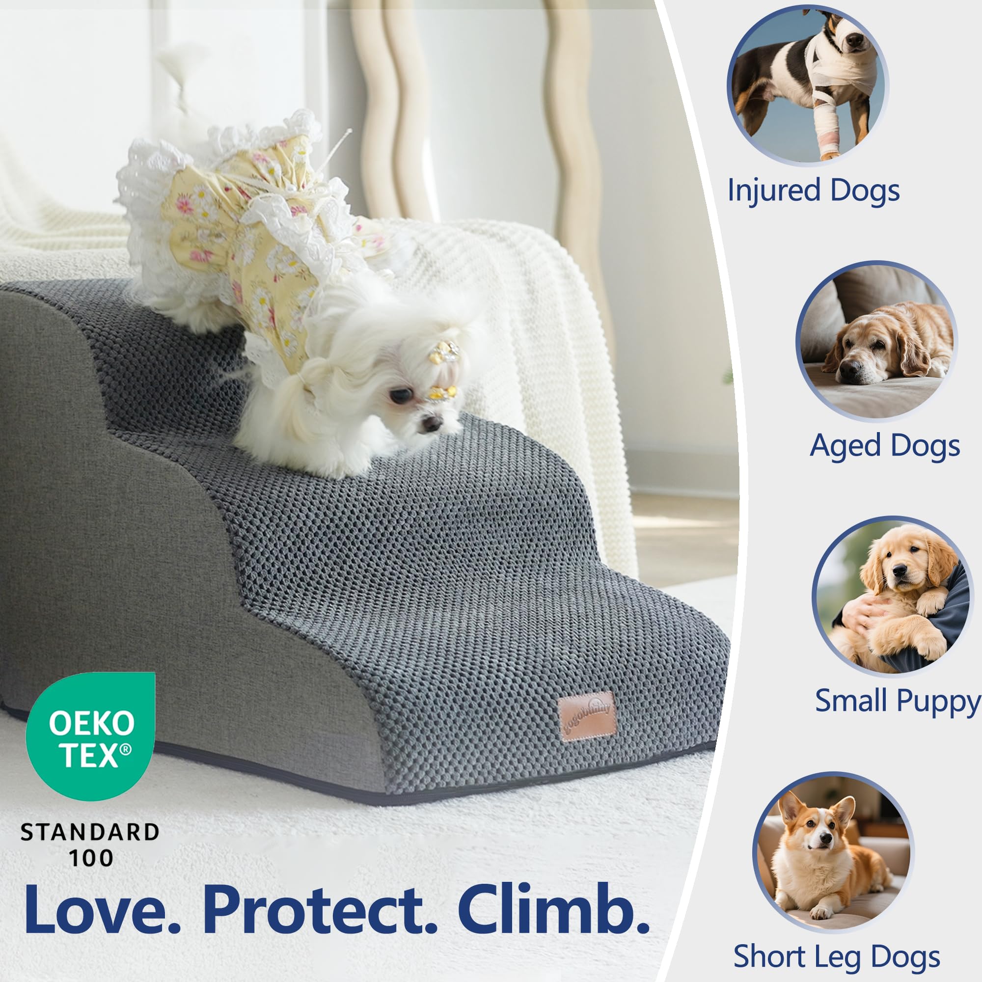 Gogobunny Ramp Cat Dog Stairs side view against furniture illustrating lean-to setup