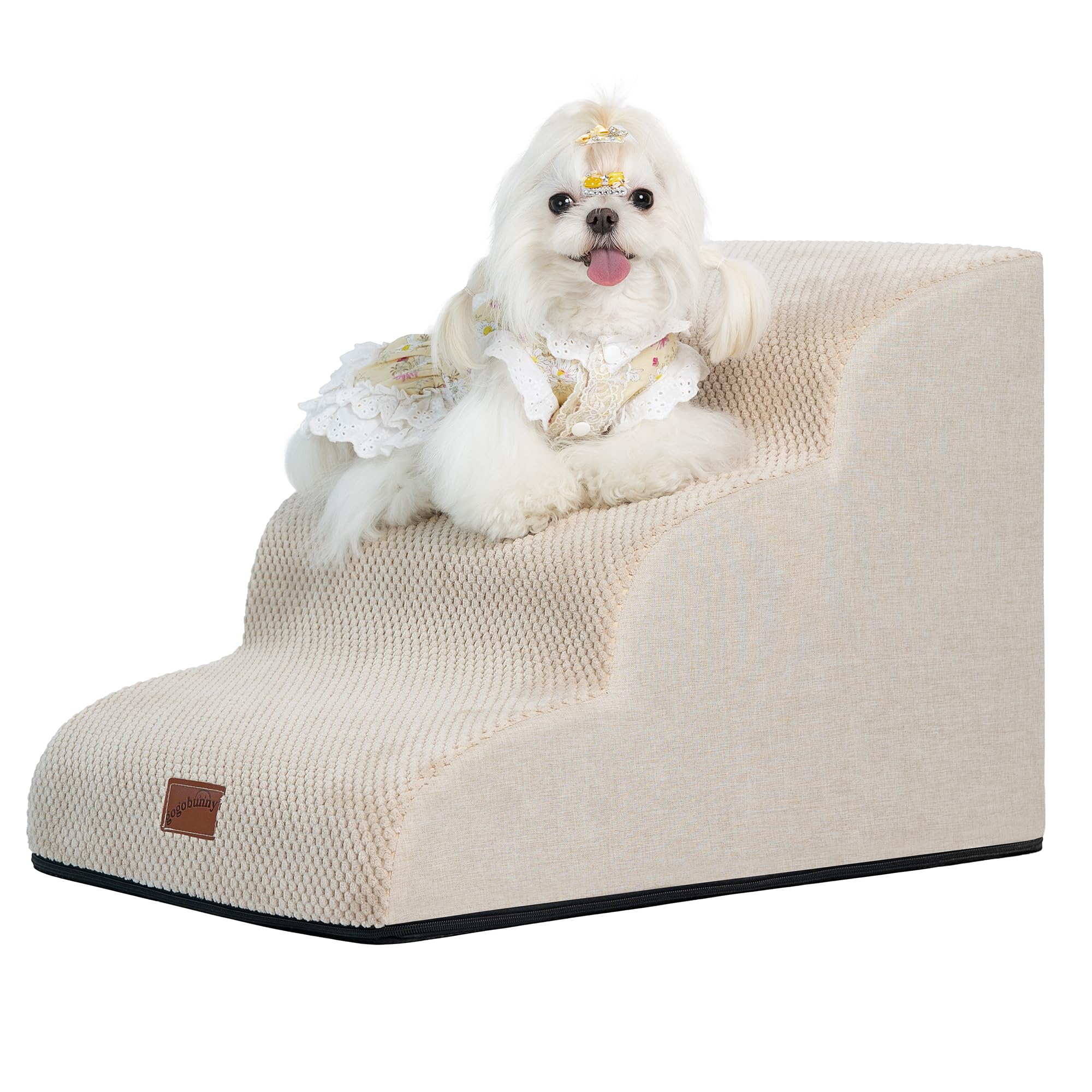 Gogobunny Ramp Stairs beige 3-step front view, easy bed access.