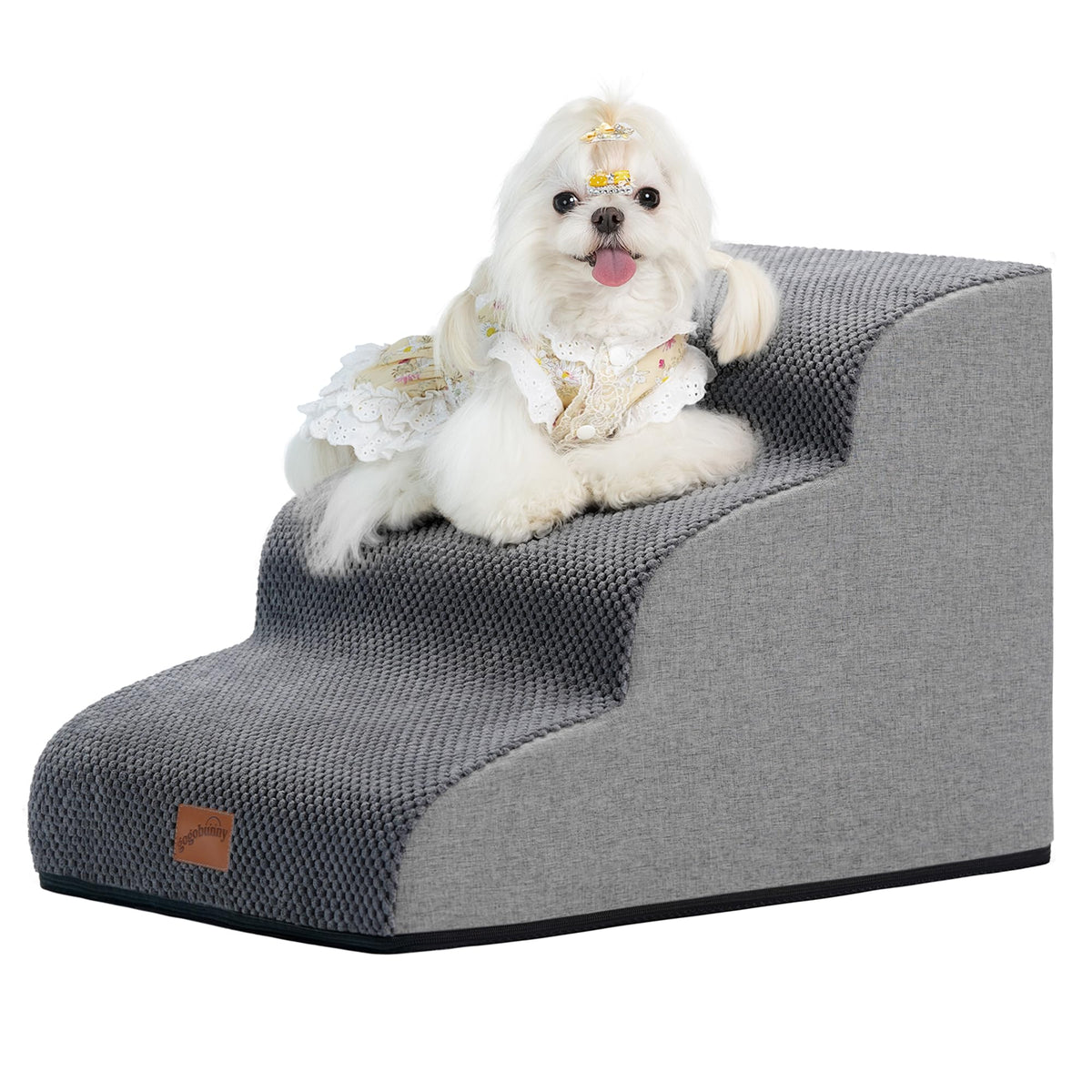 Gogobunny ramp-cat-dog-stairs-grey front view for easier bed climbs.