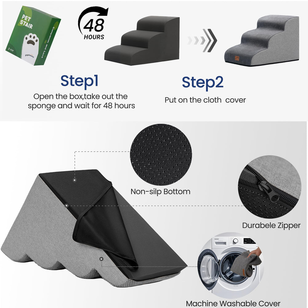 Gogobunny Ramp Cat Dog Stairs packaging and quick setup guide in grey